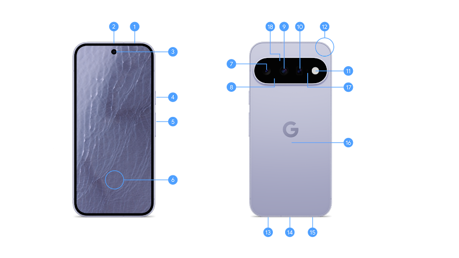 Official Google Pixel 11 hardware diagram marking the front-facing camera as component 3