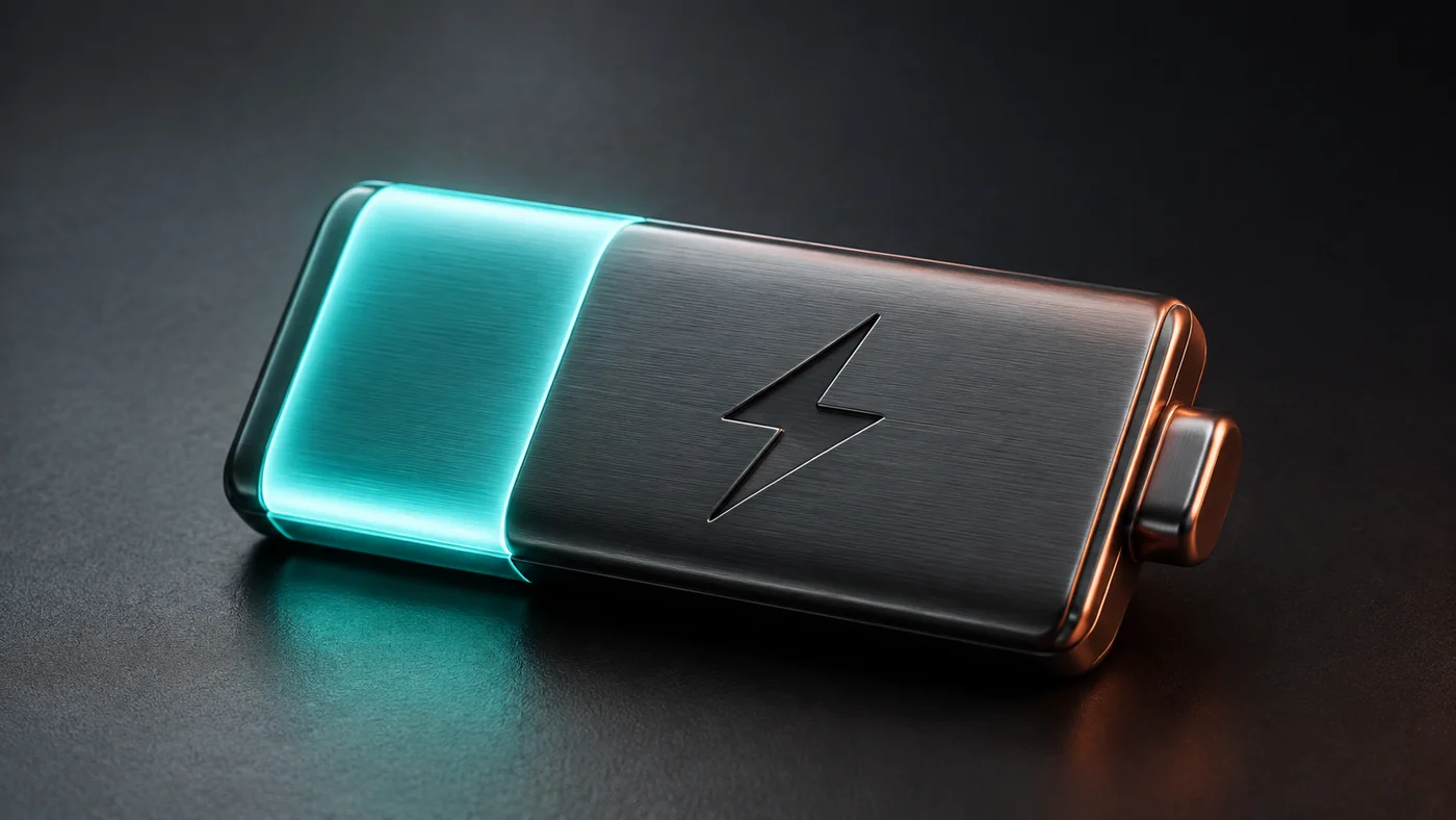 Teal and copper battery illustration with a charging symbol