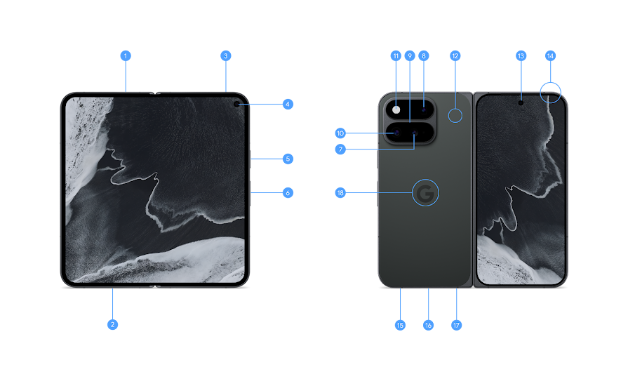 Official Google Pixel 11 Pro Fold hardware diagram marking the inner and cover front-facing cameras as components 4 and 13