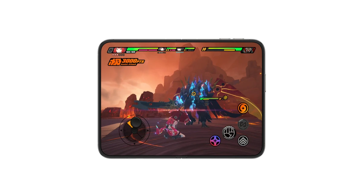 Apple promotional image of a game running across the open iPhone Duo display