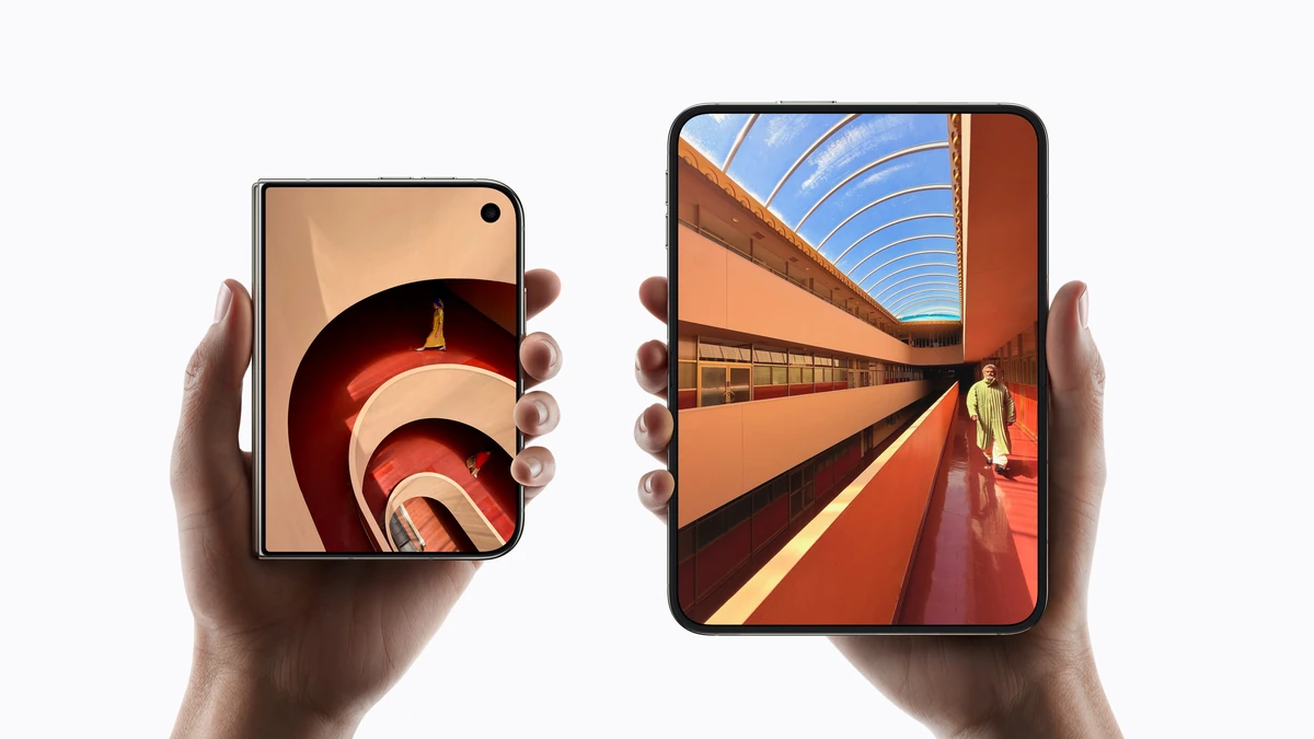 Apple iPhone Duo held closed and open, comparing the outer and unfolded inner display