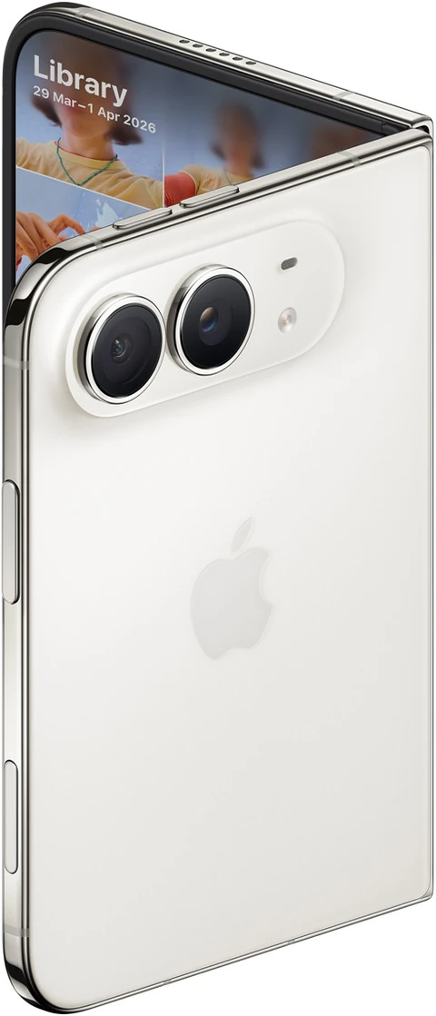 Star White iPhone Duo partly unfolded, showing the rear cameras